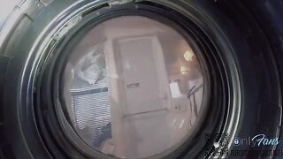 Girl stuck in the washing machine, guy pulls out his dick