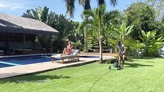 My gardener is good-for-nothing, but poolside action with him is top-notch