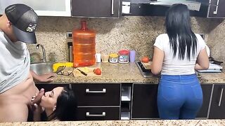 Babes cooking at home for their stepfather as they should