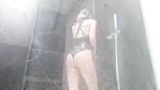 Sweet wet pussy makes a girl squirt in the shower, watching is exciting