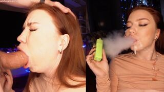 A girl with a cigarette is doing a blowjob and she's covered in sperm