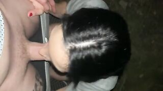 Babe has sex with strangers outdoors, getting her mouth filled with cum