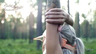 A hot blonde gets lost in the forest and finds a guy to suck