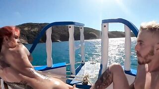 A man and a girl are having fun on the boat with oil