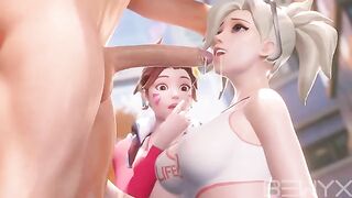 Mercy teaches DVA how to make a deepthroat in this steamy Overwatch 3D scene