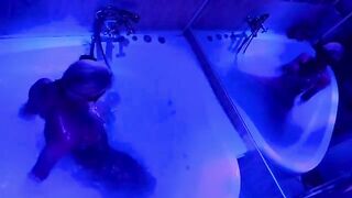 The blonde plays with sex toys in the bathroom and waits for a big cock