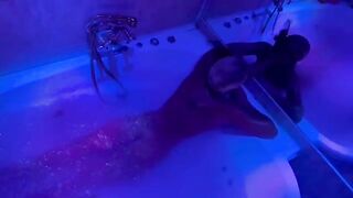 The blonde plays with sex toys in the bathroom and waits for a big cock