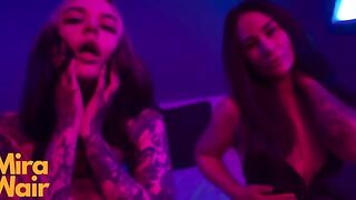 Two submissives are having fun with a guy in a rough, intense style