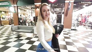 A hot blonde with big ass fucks in the shopping mall toilet for cash