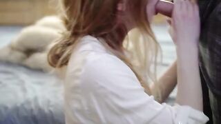 A beautiful girl had sex with a guy and he made cumshot on her fur coat