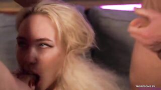 The blonde has a mouthful of big cocks in this intense threesome scene
