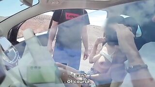 The guy makes a blowjob to the girl in public, she came to him