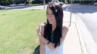 Petite teen Mia Hurley shows her tits for money