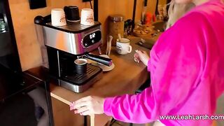 A hot blondie, Leah Meow, serves coffee and gives a blowjob. That's how to start the day!