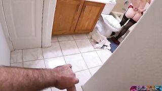 A hot stepmom takes a shower after work and is seen by her stepson