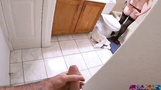 A hot stepmom takes a shower after work and is seen by her stepson