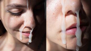 Brunette hottie gets her face covered with cum after hard sex