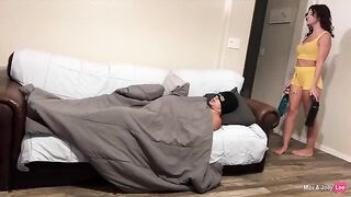 Horny wife fucks her friend on the couch, and the husband joins in