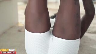 A black yoga teacher with big tits squirts on her client’s dick