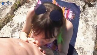 A hot blowjob is a good bribe for the guard of the fort, especially when it comes from a stunning nudist babe