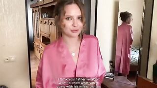 Pervert stepson caught jerking off her panties, gets squirted on the face