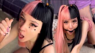 The guy gave an emo girl with a pink wig a deepthroat blowjob and gagged her