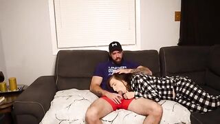 A stepson fucks his sexy stepmom on the couch, risking a creampie
