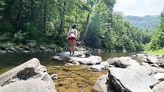Real couple AmyGabe fucks outdoors on a mountain hike and in the river