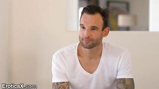 The tattooed Frenchman is dancing with a hot Latina in the sheets