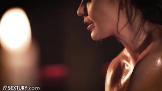 Skinny brunette teen Lilu Moon gets oiled and fingered by busty Tina Kay in sensual 21 Sextury scene