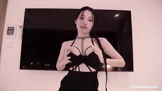 Asian babe in black dress gets her pussy squirted and filled