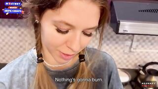 The flatmate-girl doesn’t mind periodic fucking in the kitchen and getting cum in her mouth and pigtails