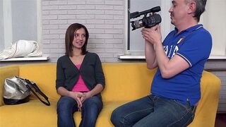Brunette teen gets fucked on a couch at casting session