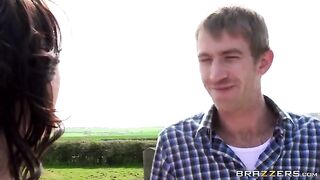 A man has sex with a beautiful juicy woman on a haystack