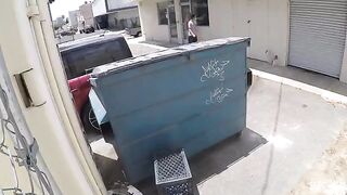 Girl has sex behind the garbage tank, unaware of being watched