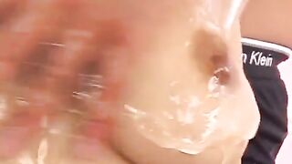 Oiled Japanese boobs, finger-licking good action between them!