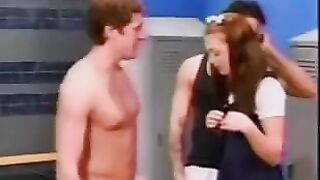 A cute schoolgirl was double penetrated by two guys in the locker room