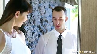 A noble man fucks the beautiful woman with big fake tits