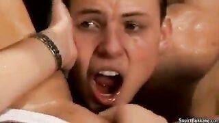 Bukakke in the mouth, not allowed to swallow cum