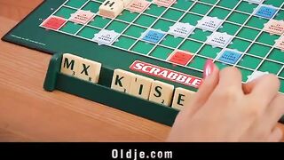 The cute blonde girl seduced the old shy peasant in the kitchen on the table
