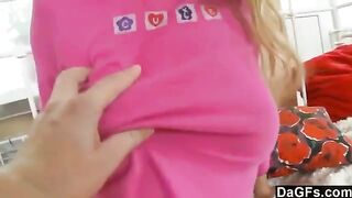 A sweet young blonde plays with her pussy in sexy panties