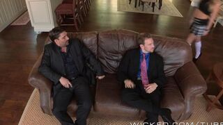 A cute girl with a hairy blonde meets and fucks with two guys