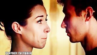 The girl has sex with a guy by the fire in the fireplace