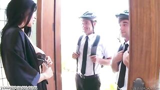 Appetizing brunette beauty gets fucked by Jehovah's witnesses in a steamy threesome