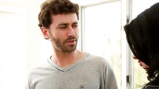 Two guys pushed Veronika Avluv’s legs, making her moan hard