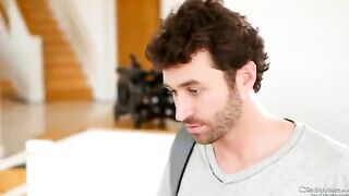 Two guys pushed Veronika Avluv’s legs, making her moan hard