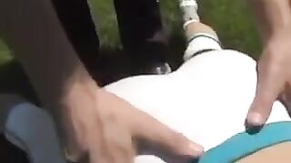 A cum shot on the big boobs of a busty brunette