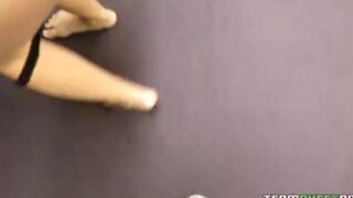 The cute fair-haired girl is sucking a big dick sweetly