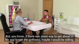 Blonde casting with a hot young girl on the couch