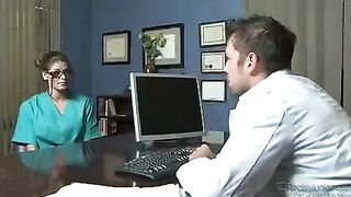 Two perverted nurses with fake big tits doing their job